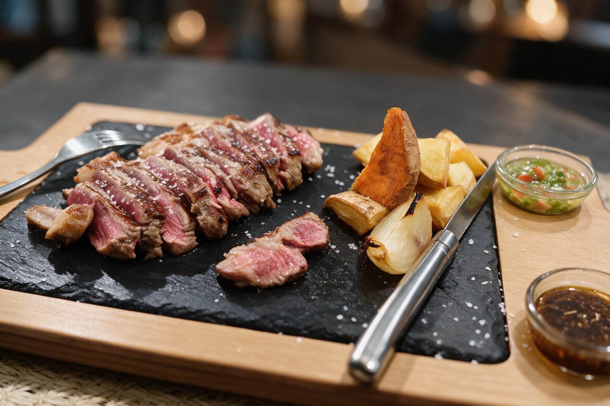 Entraña de ternera a la parrilla con guarniciones
